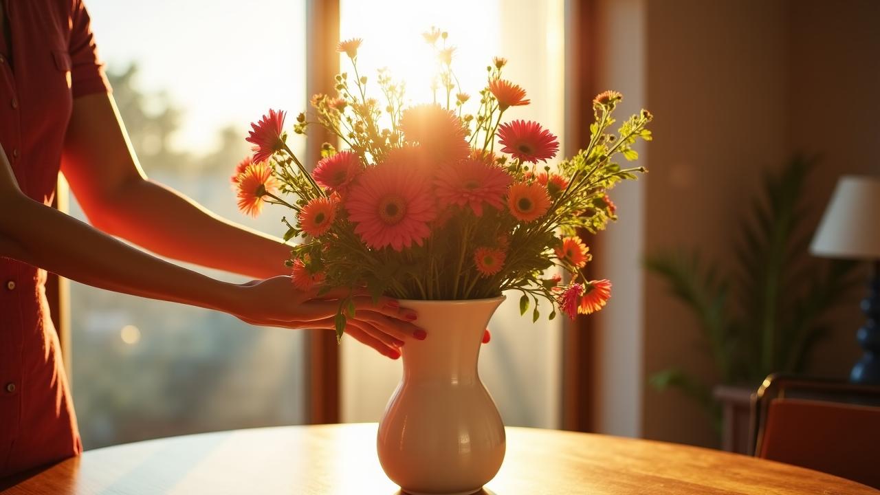 Seasonal bouquet being arranged in a sunny Los Angeles home