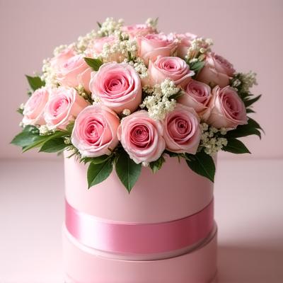 Hatbox arrangement with pastel ranunculus and spray roses